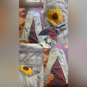American Eagle ripped mom jeans with custom sunflowers and adjustable waist